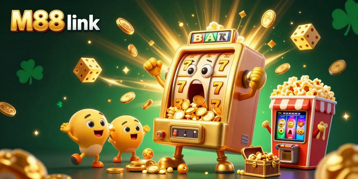 Spin the M88 link slot machine jackpot as coins explode, celebrating thrilling casino wins!