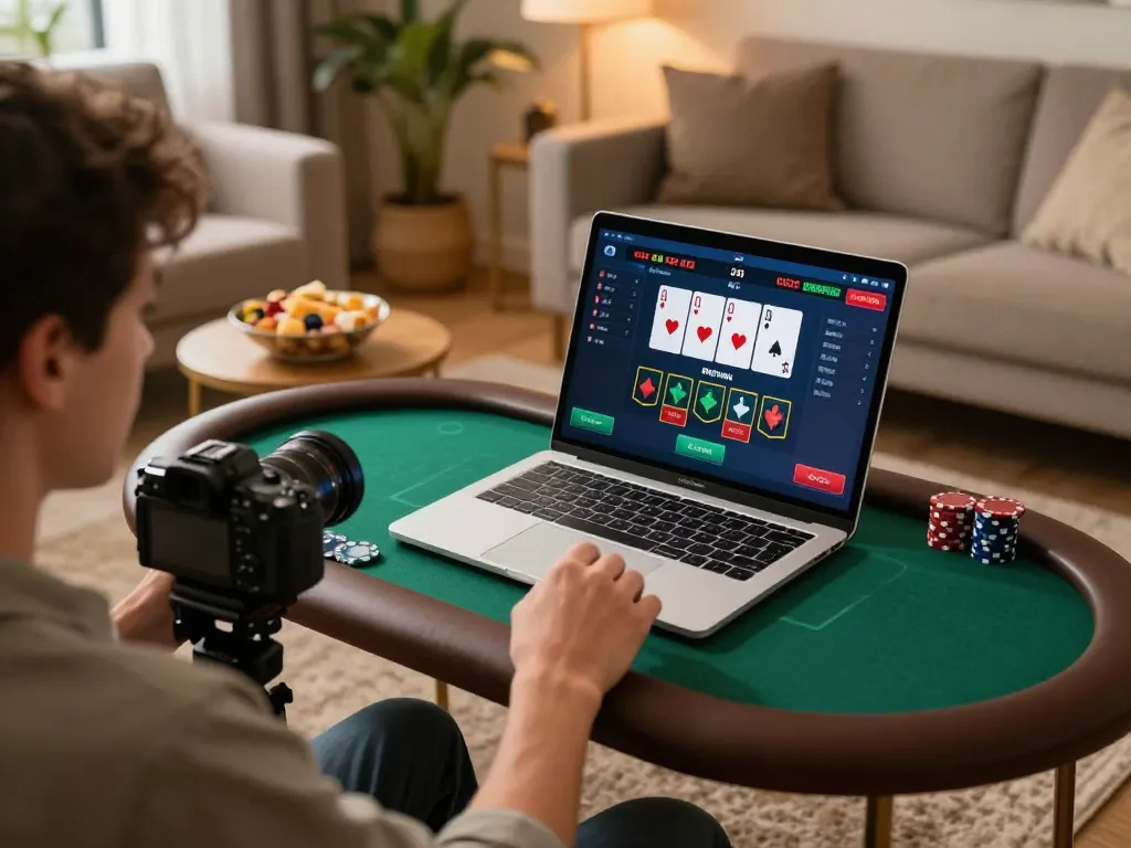 Person enjoying online poker on laptop in cozy setting, engaging in casino non aams legali