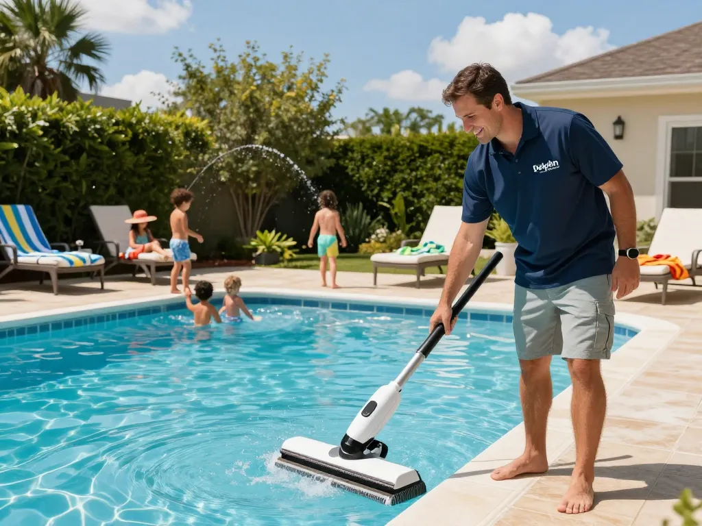 Dolphin Pool Services technician inspecting a pristine pool in Virginia, highlighting quality care and professionalism.