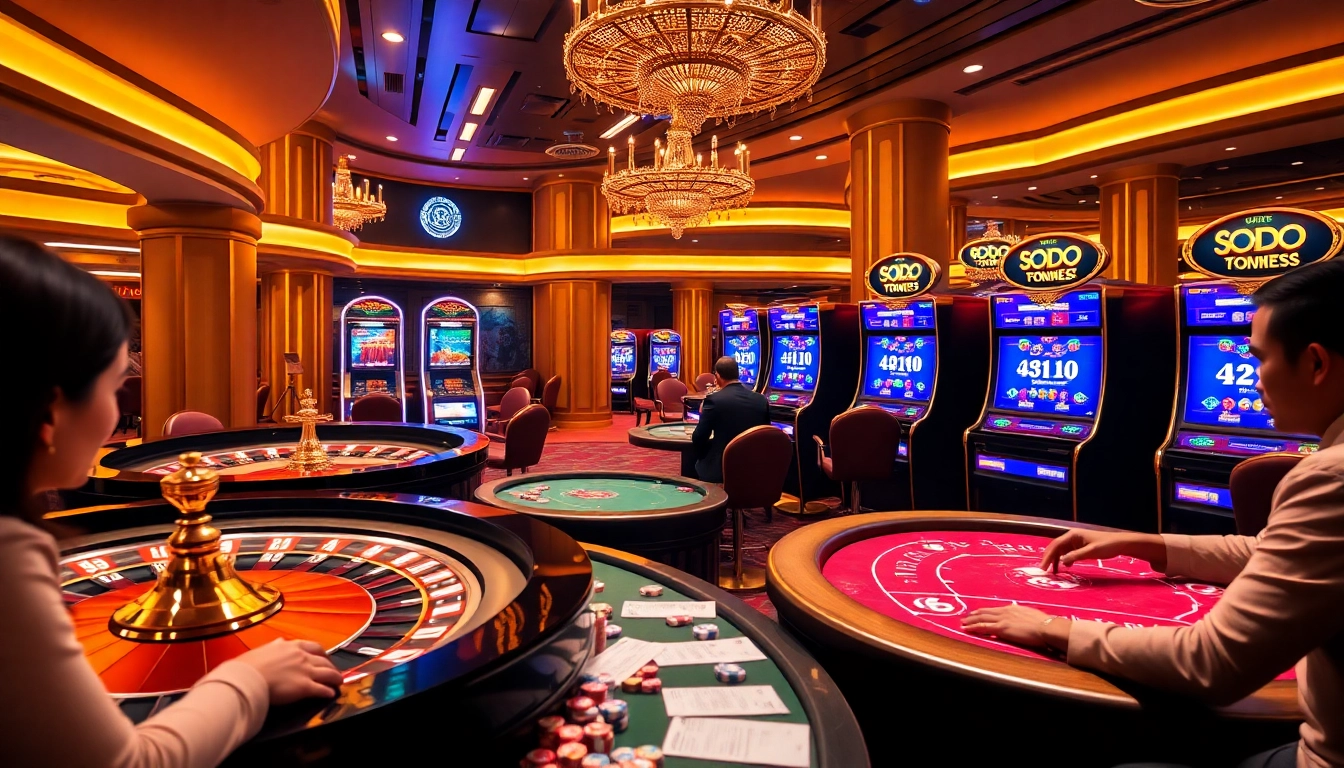 SODO66 players enjoying a dynamic online casino atmosphere with roulette, slots, and poker tables.