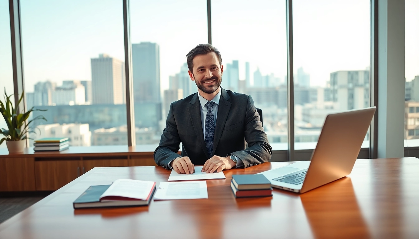 Real estate lawyer consulting with a client in a modern office setting, showcasing professionalism.