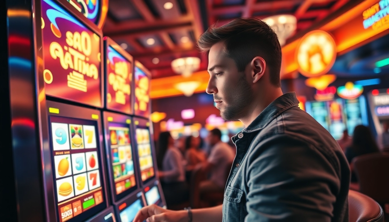 Menangkan jackpot di permainan slot 50 perak dengan mesin slot yang bersinar dan pemain antusias.