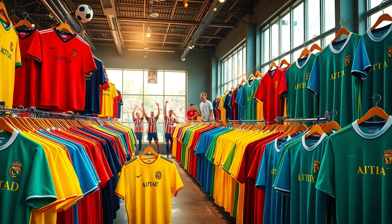 Shop vibrant discount football shirts with team logos on display in a colorful store setting.
