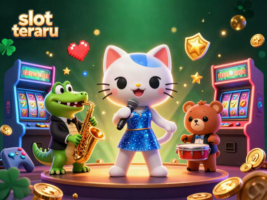 Engage with slot terbaru at a vibrant casino scene featuring a jazz-singer cat, saxophone crocodile, and drum bear.