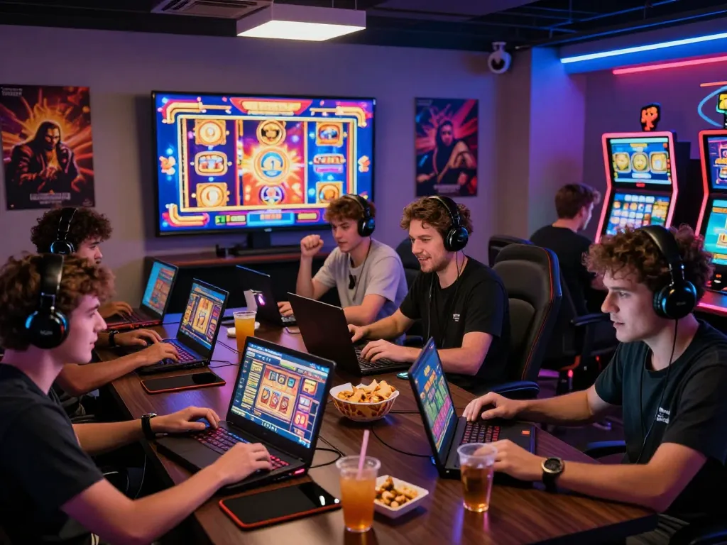 Sekelompok gamer yang bersemangat terfokus pada permainan situs slot gacor di ruang permainan modern dengan dekorasi berwarna-warni
