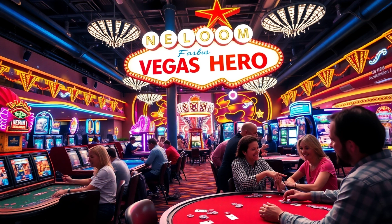 Experience the excitement of Vegas hero with players enjoying casino games and vibrant lights.