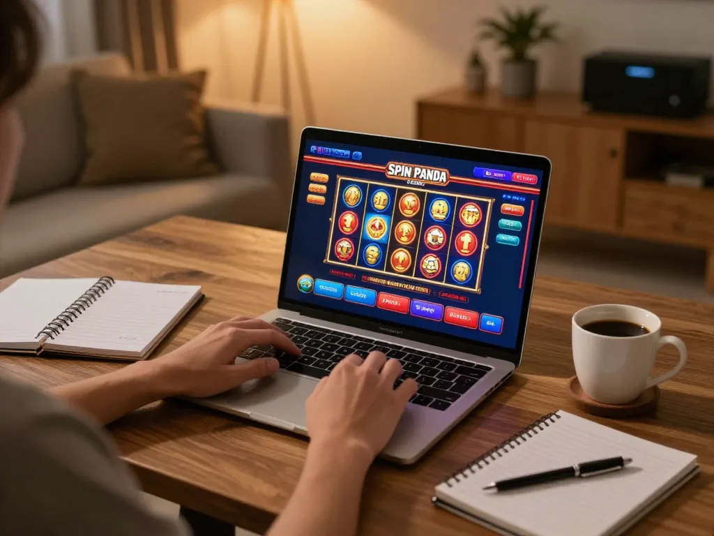 Engaged player at Spin Panda Casino using a laptop for online gaming with cozy home ambiance.