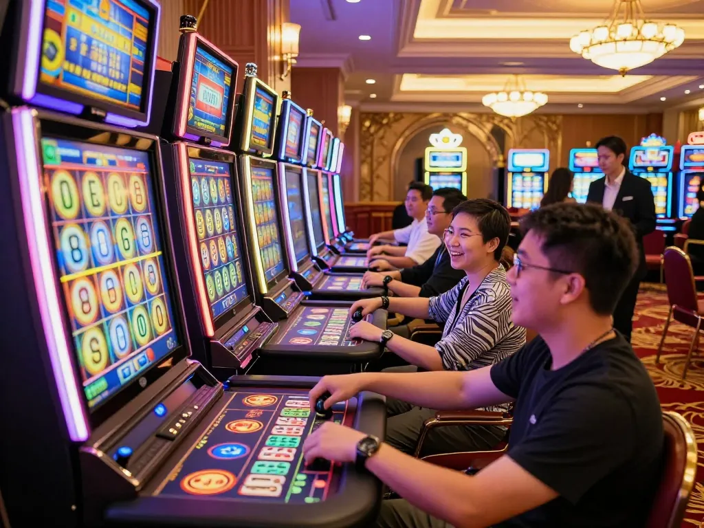 Players enjoying the Mahjong Slot experience with vibrant colors and engaging gameplay in a lively casino.