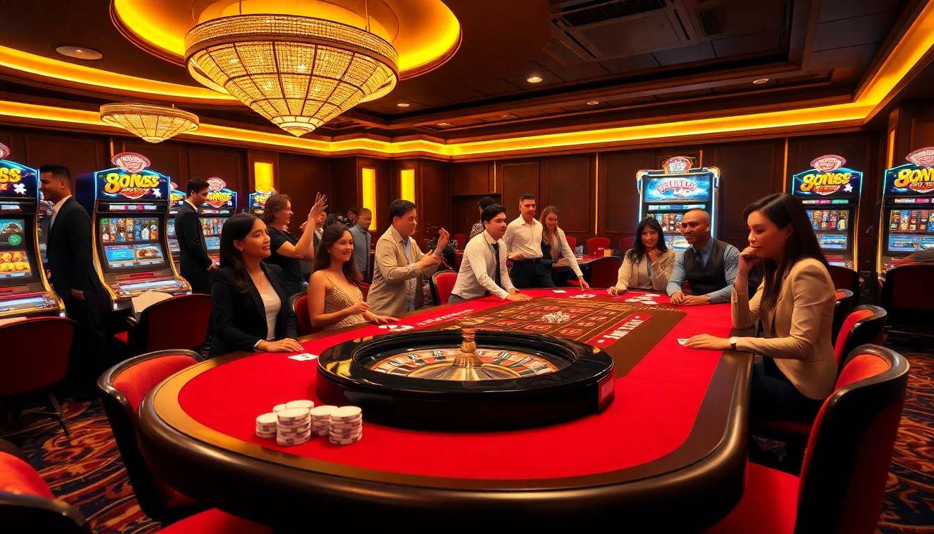 Players enjoy thrilling games at Bin88 casino, showcasing poker chips and roulette wheels.