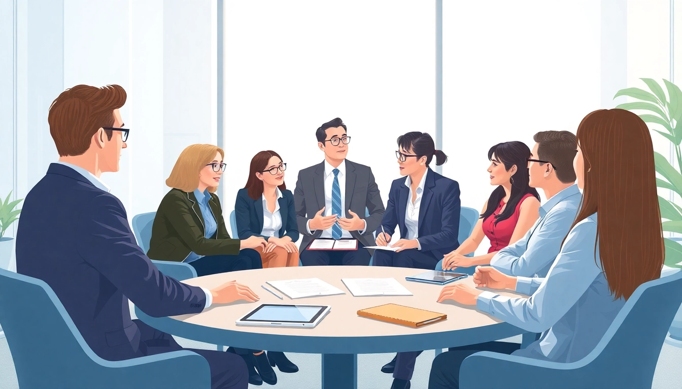 Mediation session with diverse participants discussing solutions in a professional setting.