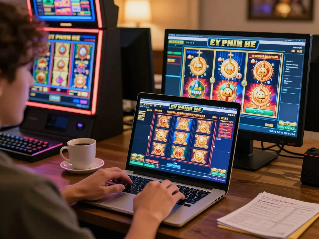 Playing a situs slot gacor online slot game on a laptop, showcasing excitement in a cozy home environment