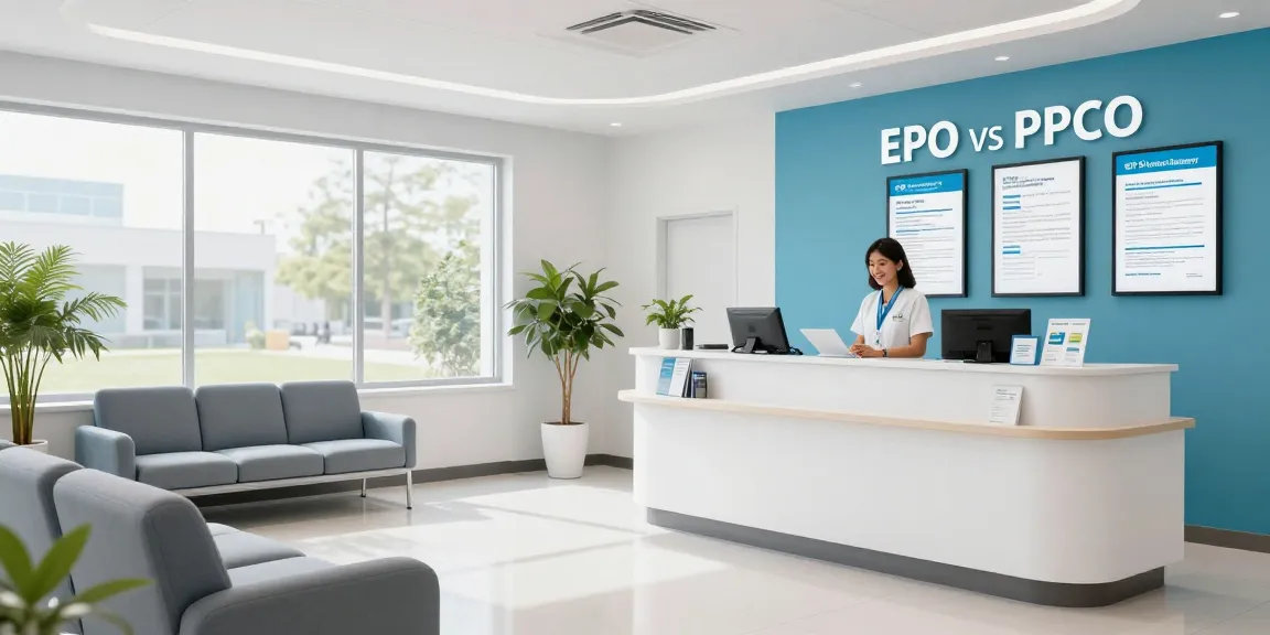 EPO vs PPO health insurance differences explained in a welcoming health clinic environment, highlighting medical services and patient care.