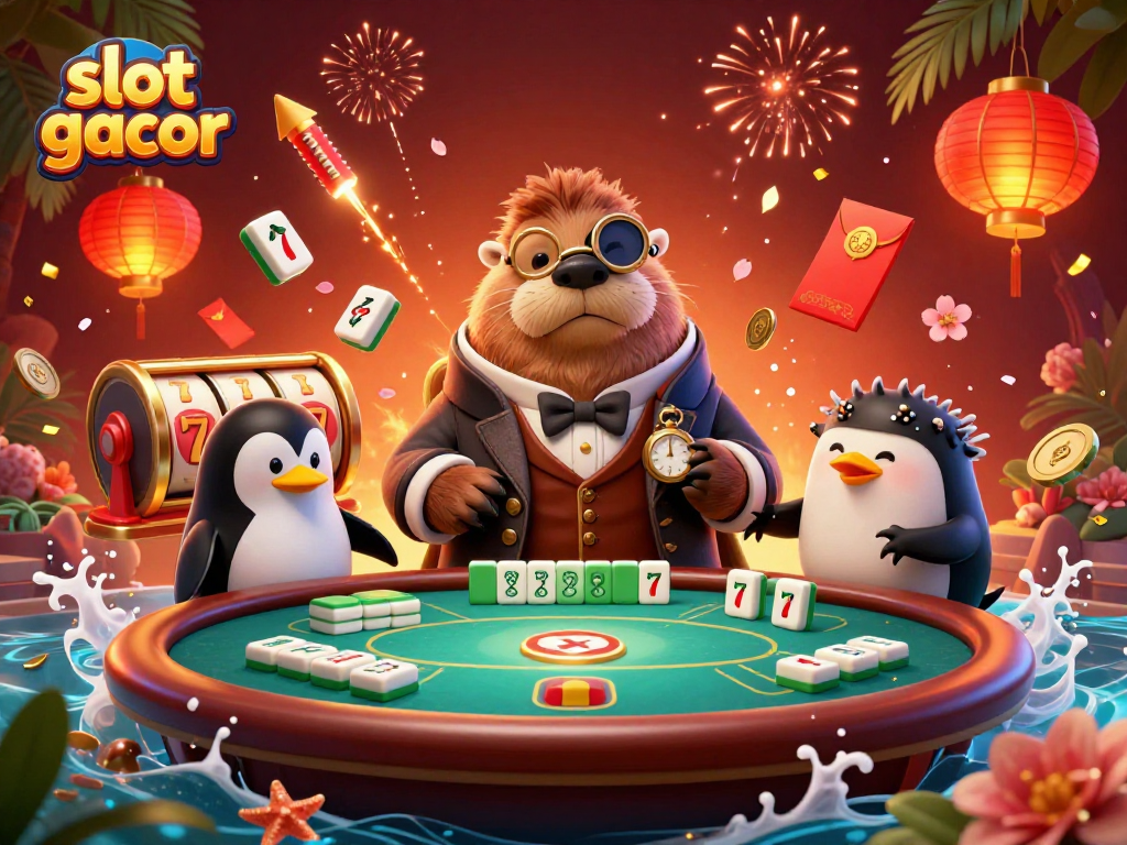 Engage with slot gacor in this vibrant underwater casino scene featuring a jolly walrus, sophisticated dealer, and a bluffing pufferfish.