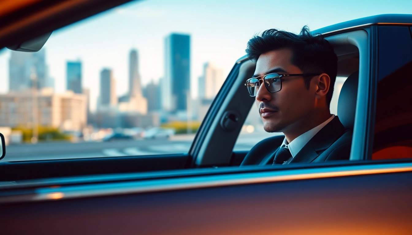 Experience premier Chauffeur Hire with an elegant luxury sedan in a bustling city backdrop.