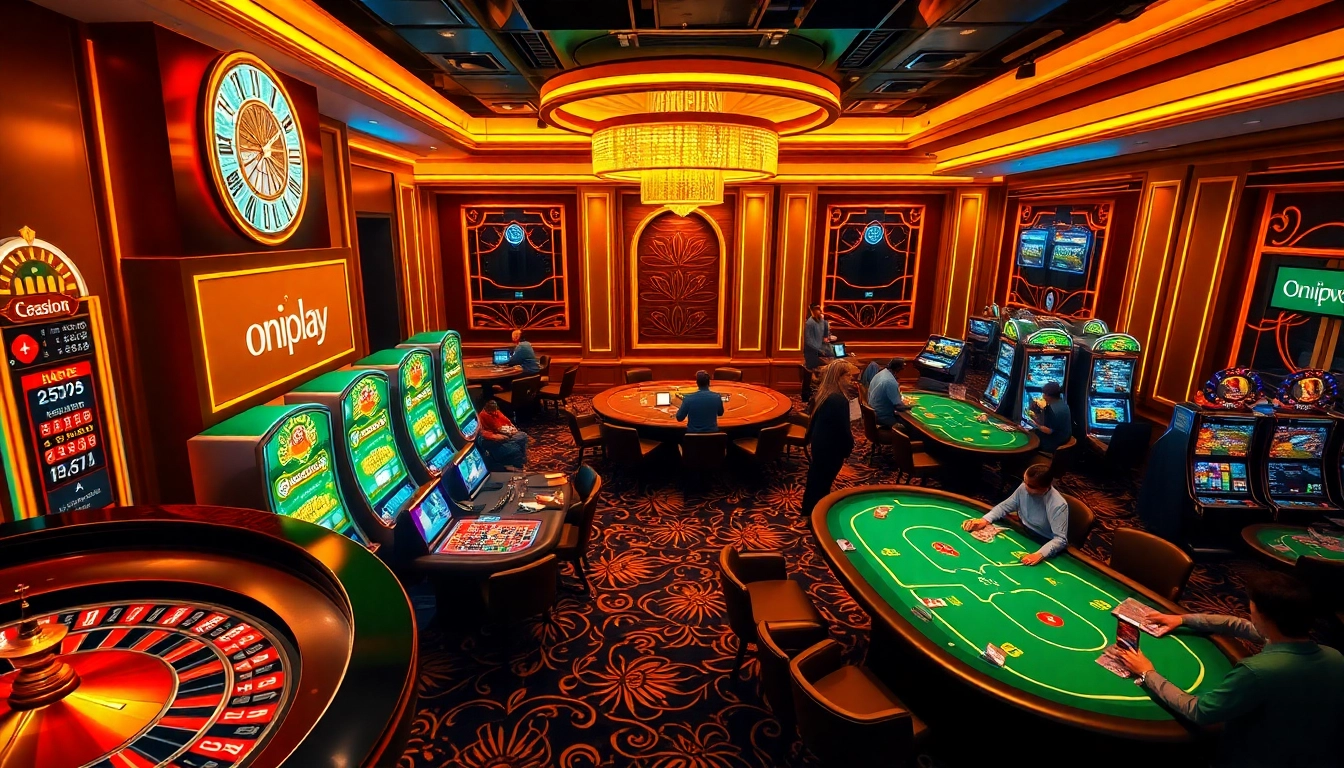 Engage with onicplay at a luxury online casino featuring vibrant slot machines and intense poker tables.