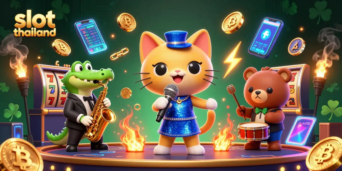 Experience excitement in slot thailand with a cartoon jazz cat, crocodile, and bear cub on stage.