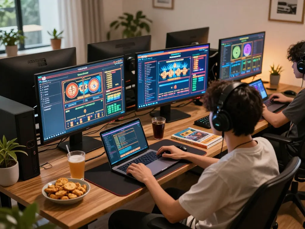 Player enjoying slot server thailand gacor games at home with warm lighting and engaging setup