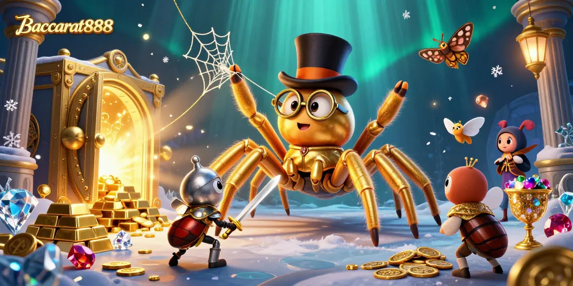 Baccarat888 offers an exciting view of a golden tarantula and beetle knight in a casino-themed world.