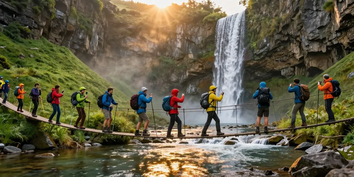 Adventure seekers crossing a river rope bridge, embracing nature's beauty and thrill.