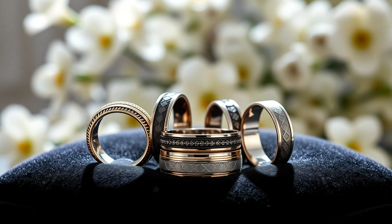 Elegant tungsten wedding bands on velvet cushion, showcasing intricate designs and polished surfaces.
