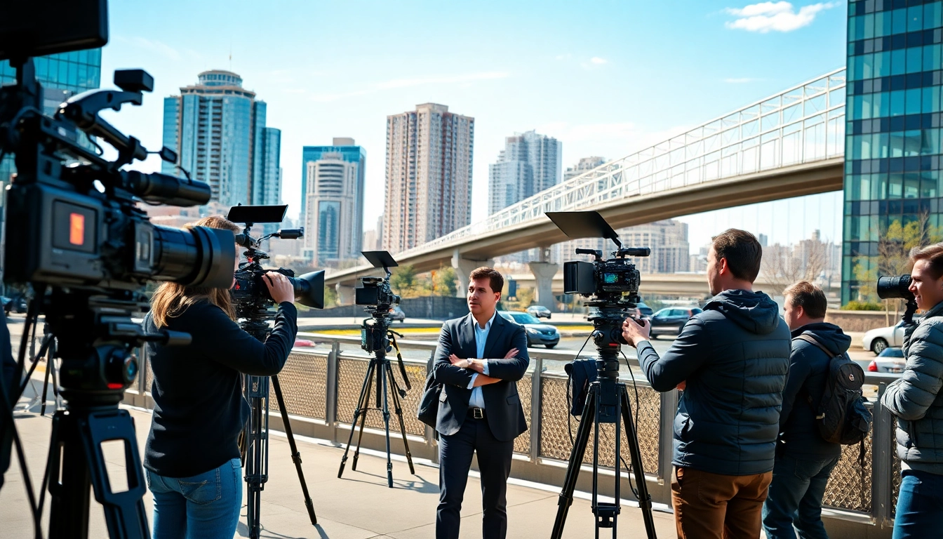 Video production Edmonton crew engaged in a vibrant city scene, showcasing dynamic filmmaking.