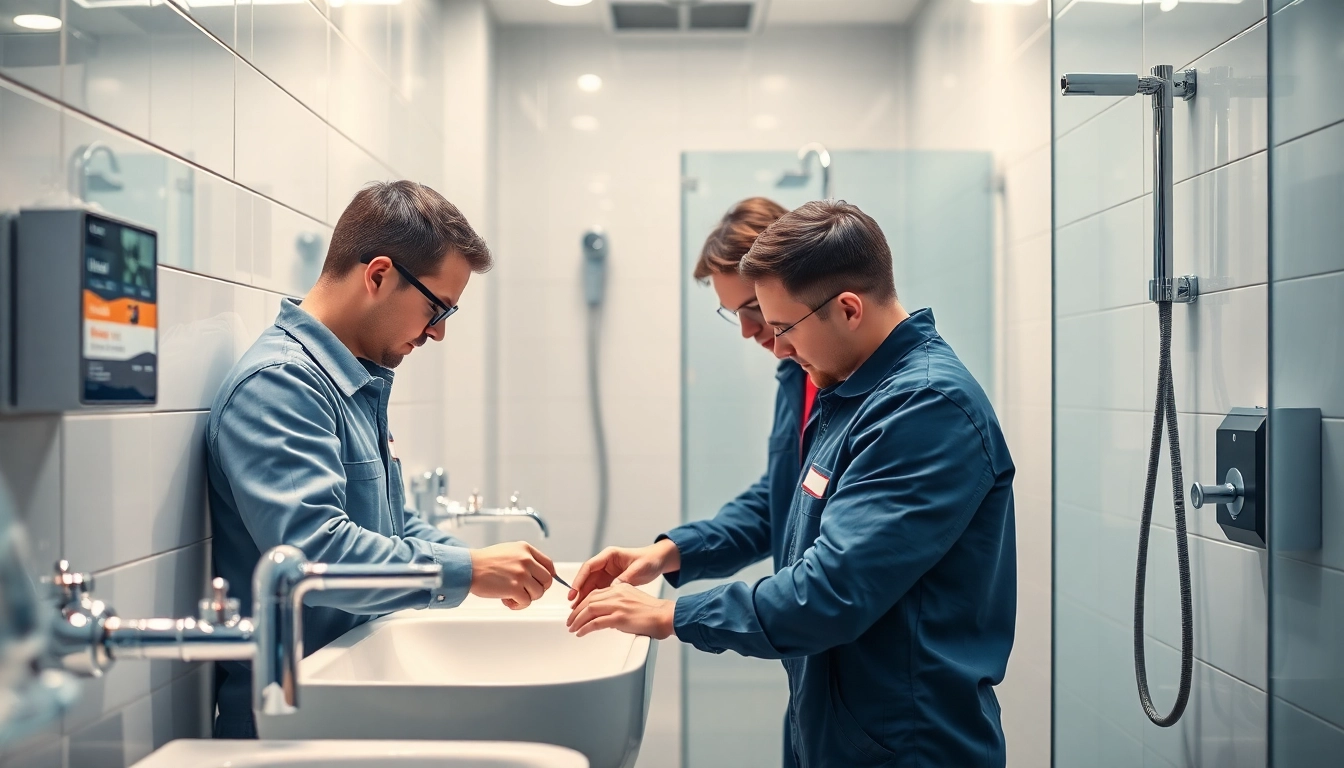 Techniker von sonni sanitär GmbH installieren moderne Badezimmerausstattung.