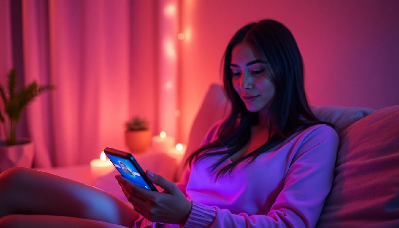 Engaging scene of ai sexting on a smart device in a cozy, inviting atmosphere.
