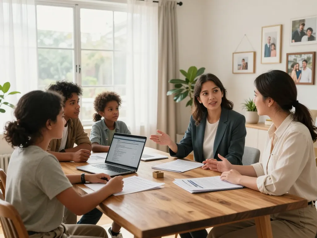 Real estate consultation scene with family discussing they buy houses options in a modern home.