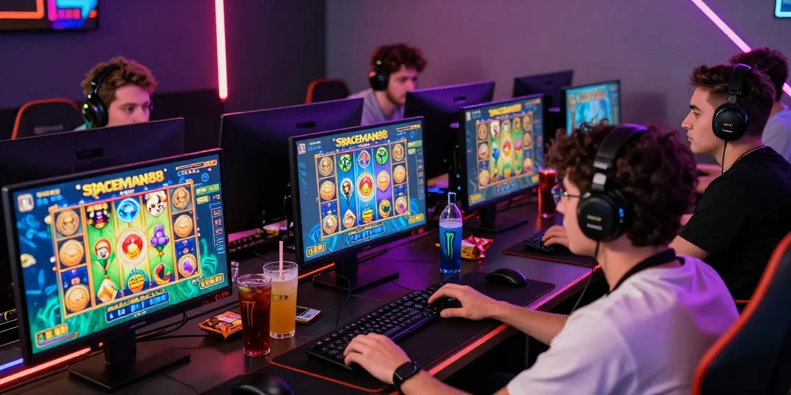 Diverse players engaged in Spaceman88 slot game with colorful graphics and snacks.