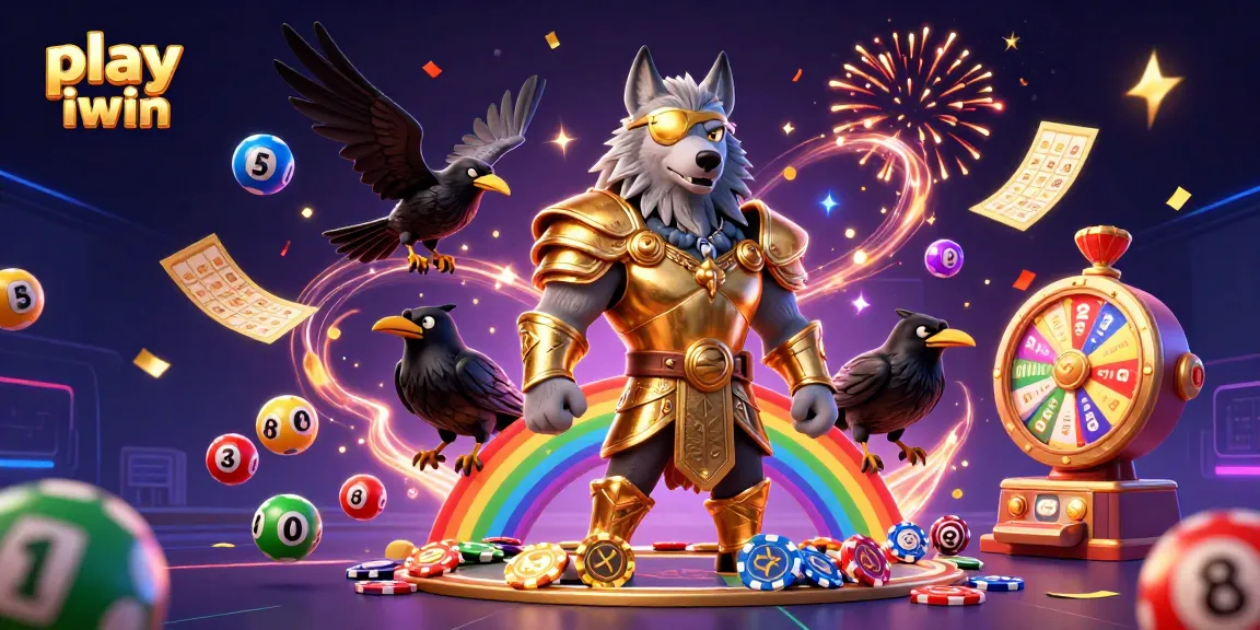 Play iwin with a vibrant casino-themed illustration combining mythological characters and dynamic gambling elements.