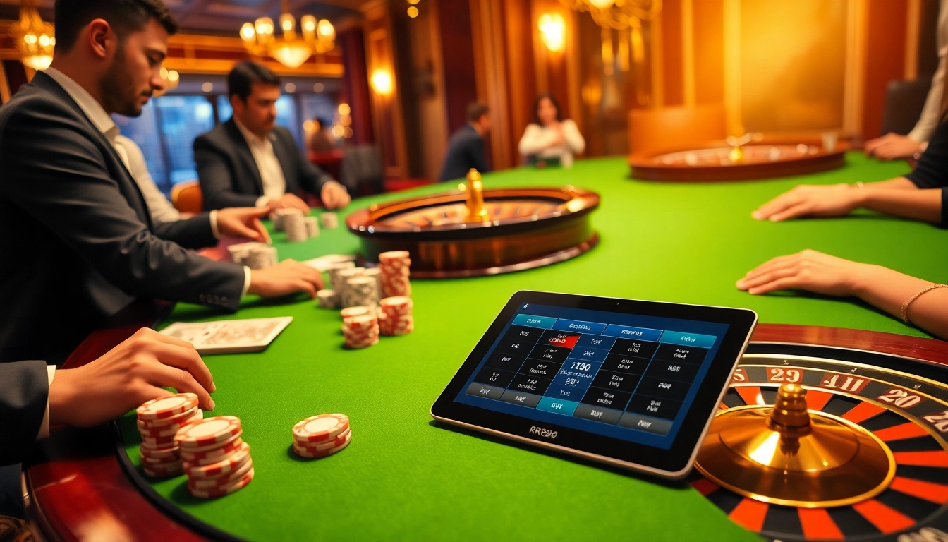 A dynamic scene showcasing gambling action at nhà cái rr88, featuring poker chips, cards, and a roulette wheel.