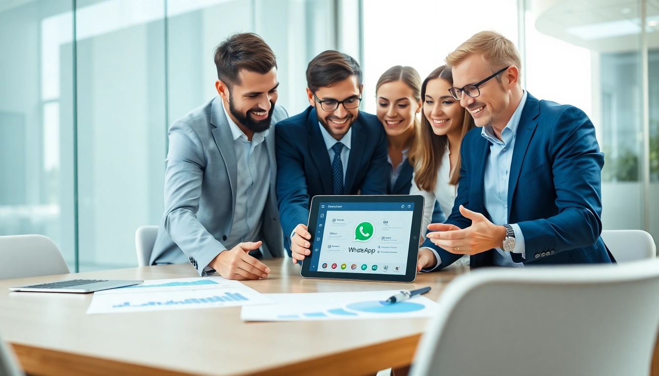 Team meeting showcasing WhatsApp Smart CRM interface on a digital tablet, emphasizing collaboration.