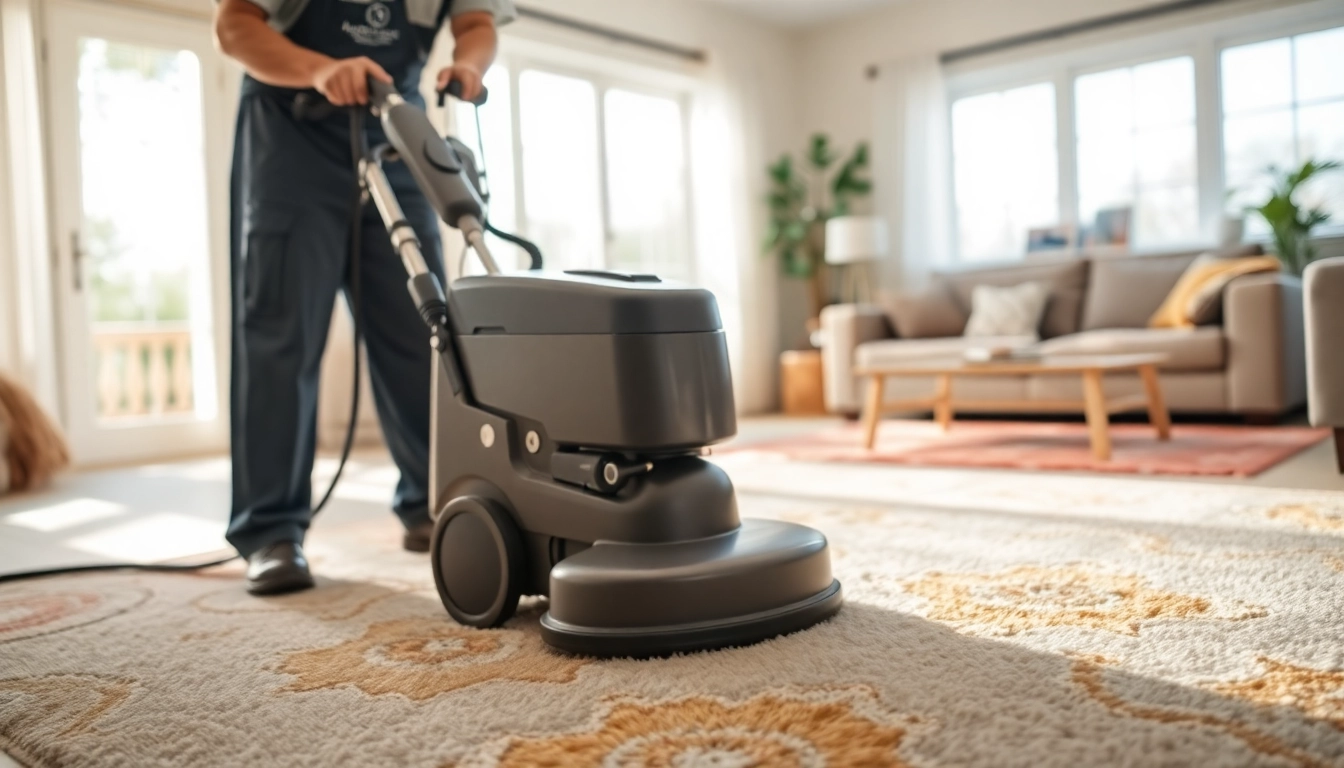 Professional technician in a carpet cleaning business revitalizing a vibrant rug in a bright living room.
