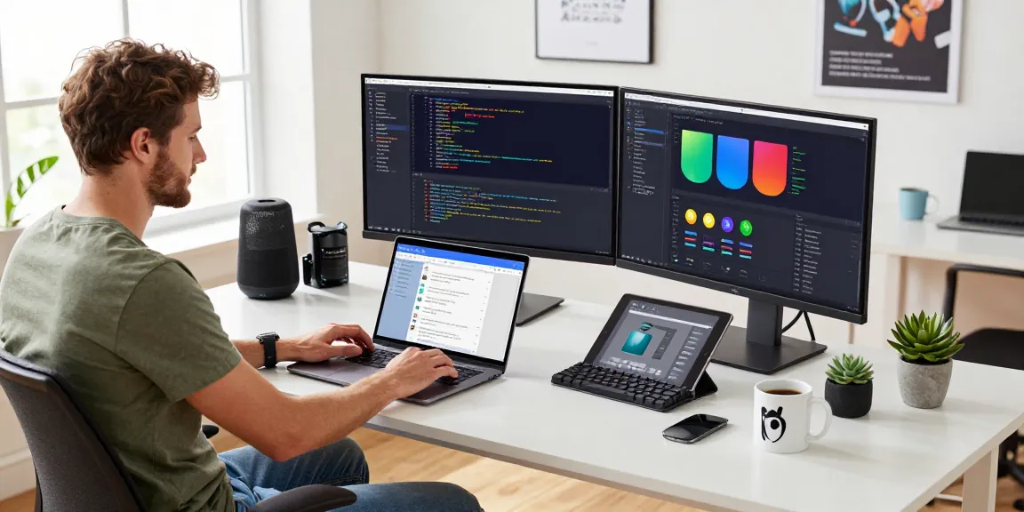 Crushon tech workspace showcasing a developer in a modern office creating software designs.