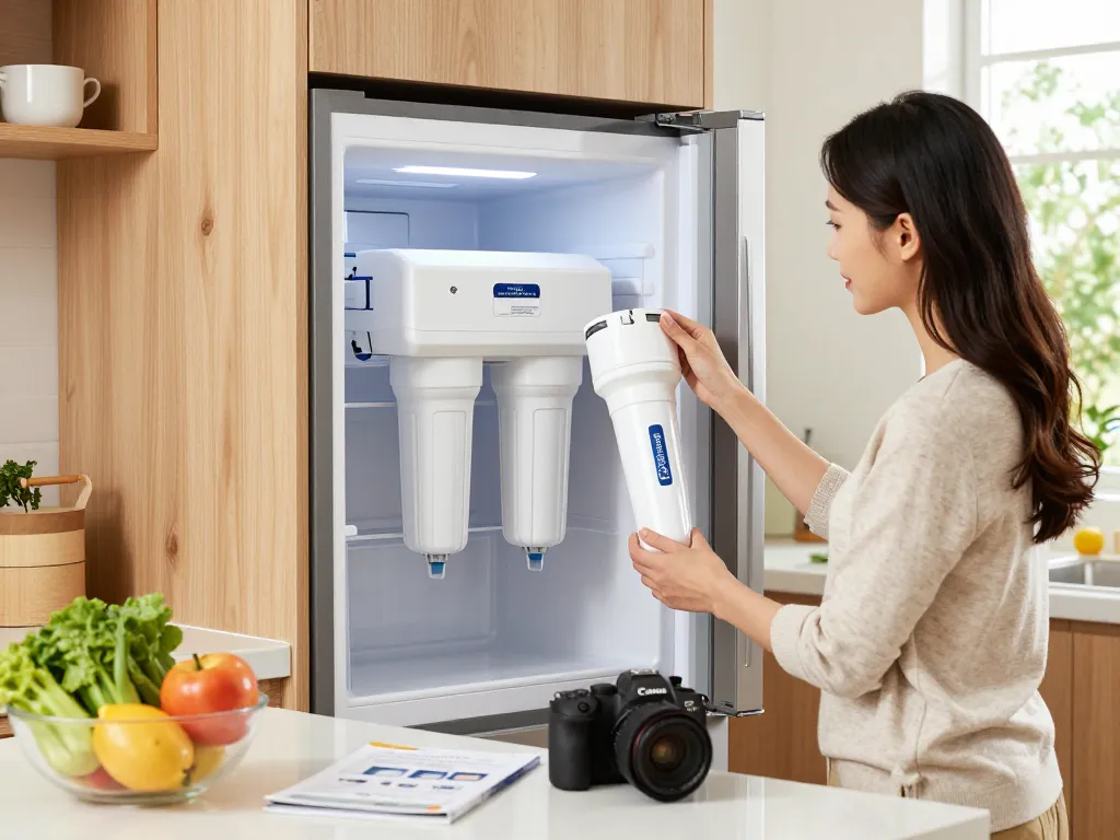 Woman replacing Waterdrop Plus LT1000PC ADQ747935 Refrigerator Water Filter in a bright, welcoming kitchen.