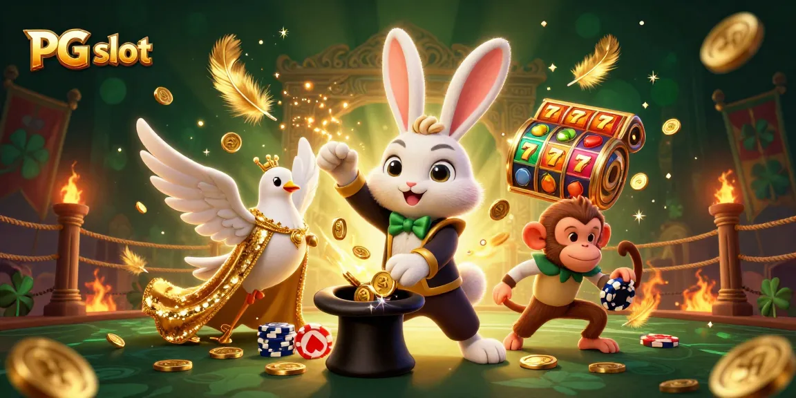 Engage with PG slot action featuring a magician rabbit, dove, and monkey among dynamic casino elements.