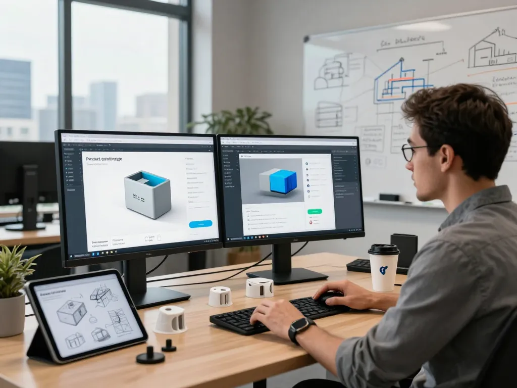 Interactive 3D product configurator software in a modern tech workspace showcasing product designs and customization options.