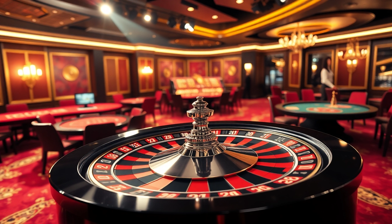 Interwin memutar roda roulette berkilau dalam suasana kasino mewah.