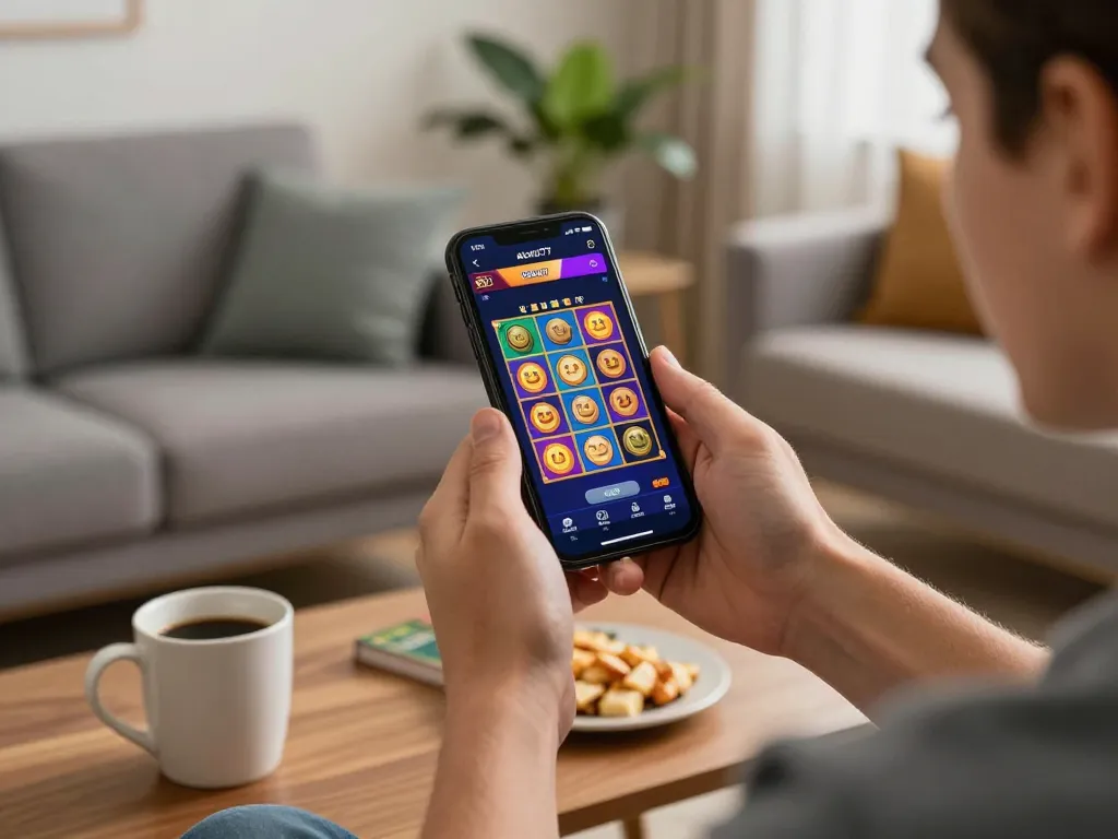 Engaging with the alexis77 app for an exciting online slot game at home.