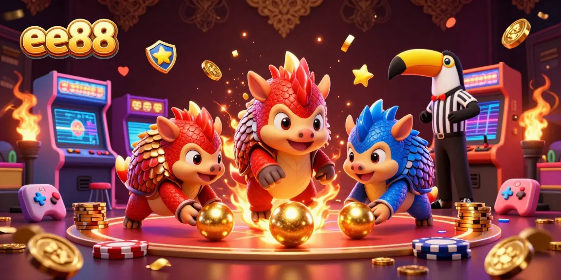 Experience thrilling games with ee88 as rival pangolins roll golden balls and poker chips in a vibrant casino scene.