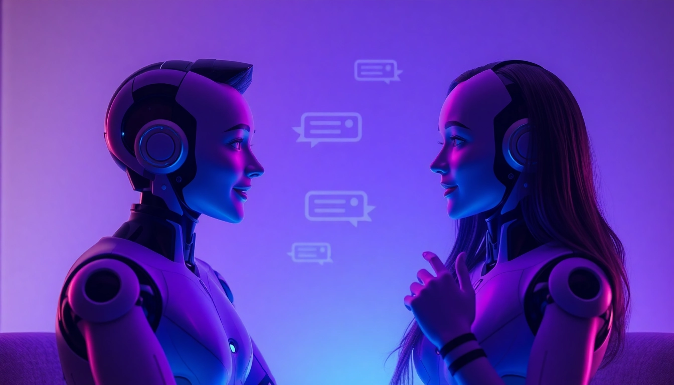 Engaging conversation between lifelike avatars in a futuristic chat interface highlighting sex chat ai capabilities.