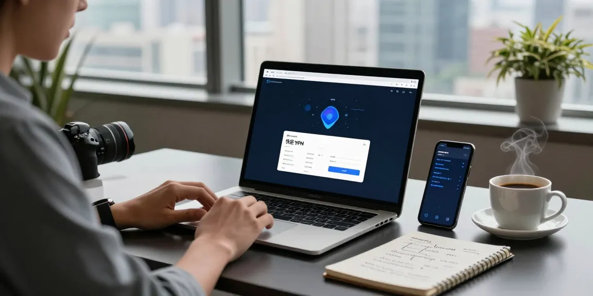 快连 VPN 应用程序在具有生动城市景观的专业工作空间中的笔记本电脑上显示。