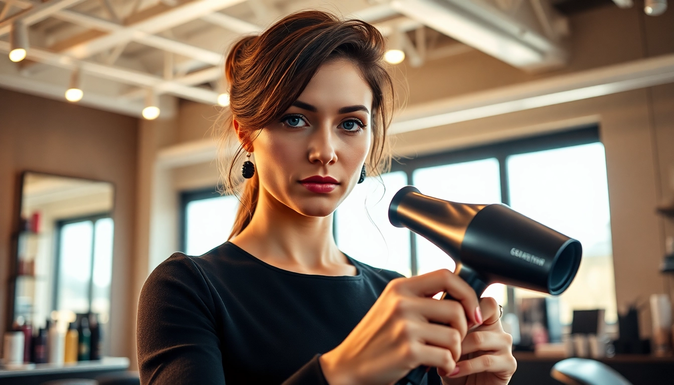 Stylist using a hair dryer for frizzy hair in a trendy salon.