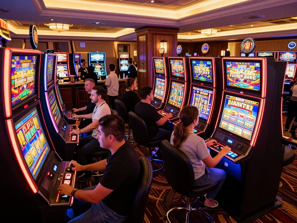 Experience the thrill of playing slot gacor gampang menang in a bustling casino with colorful machines.
