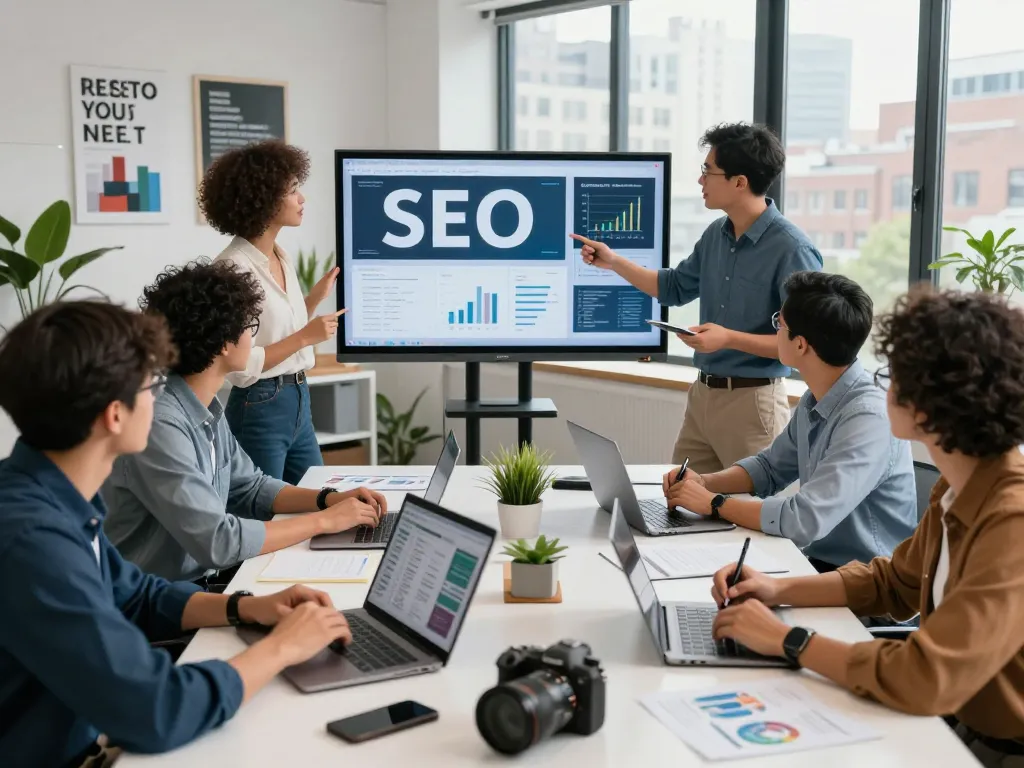 Dynamic team of SEO experts collaborating in NYC office to boost online visibility.