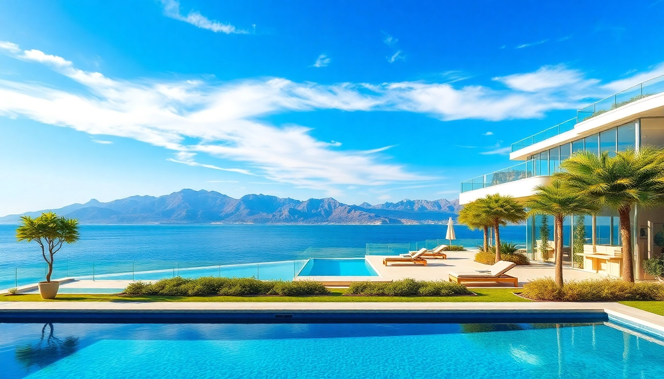 Stunning beachfront villa representing Alanya turkey homes for sale, scenic mountains and blue sky.