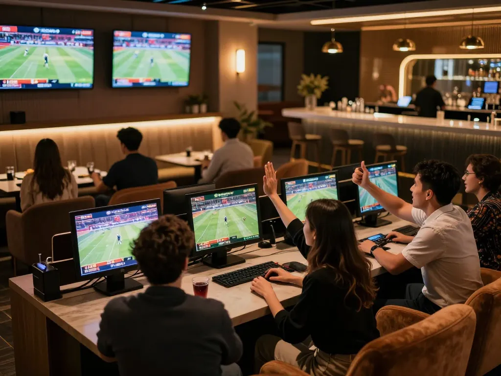 Engaged bettors cheering for their teams at a stylish sports betting lounge showcasing top quality widgets.