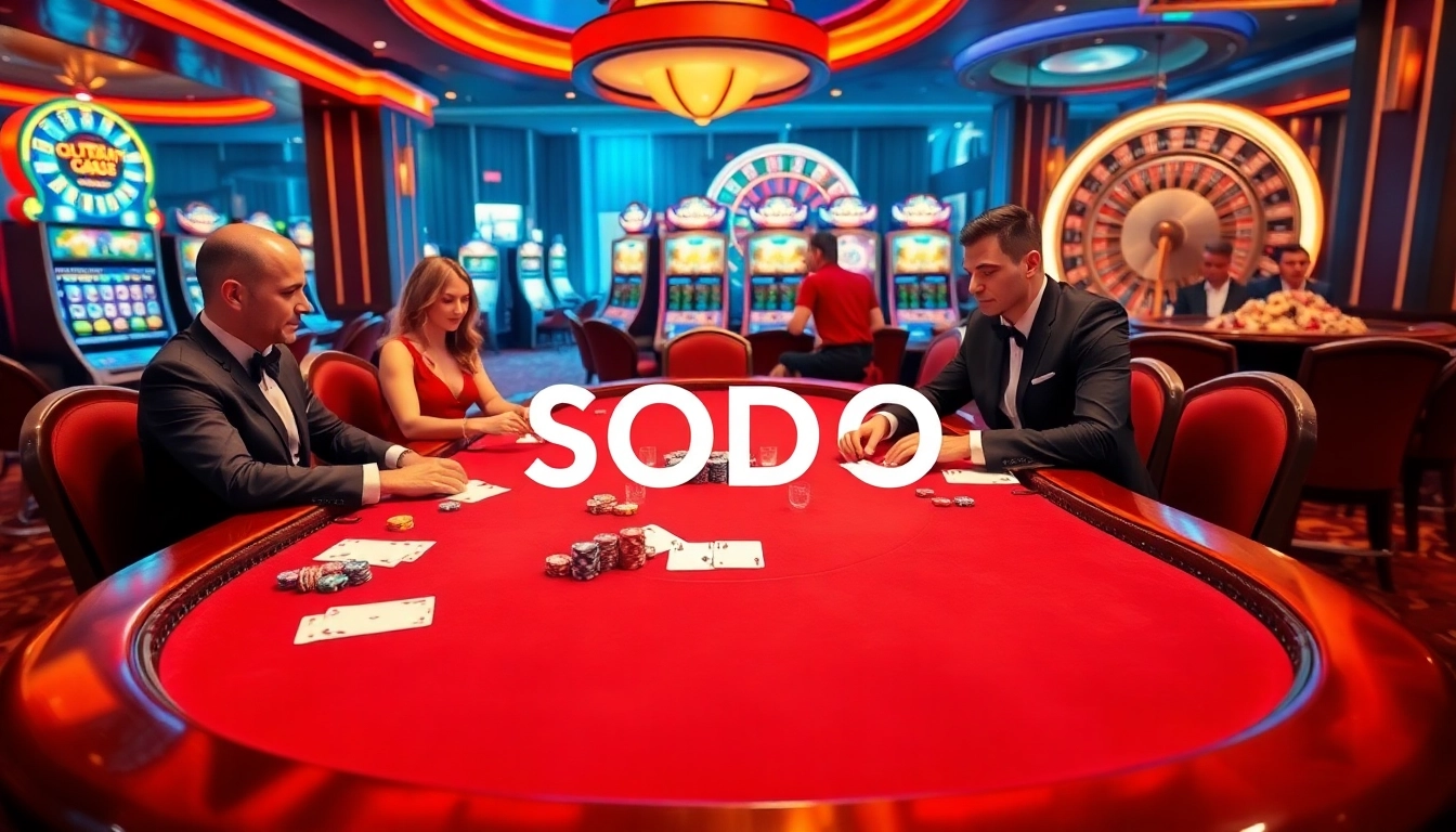 SODO casino scene featuring high-stakes poker with players, chips, and illuminated slot machines.