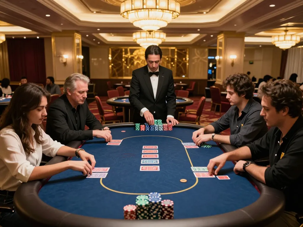 Engaged poker players strategizing at the table in an upscale setting during a thrilling sh bet.