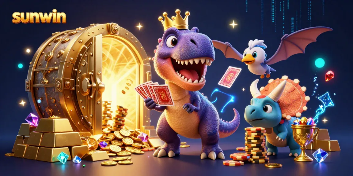 Experience sunwin's dynamic casino gaming with friendly dinosaurs shuffling cards and stacking chips.